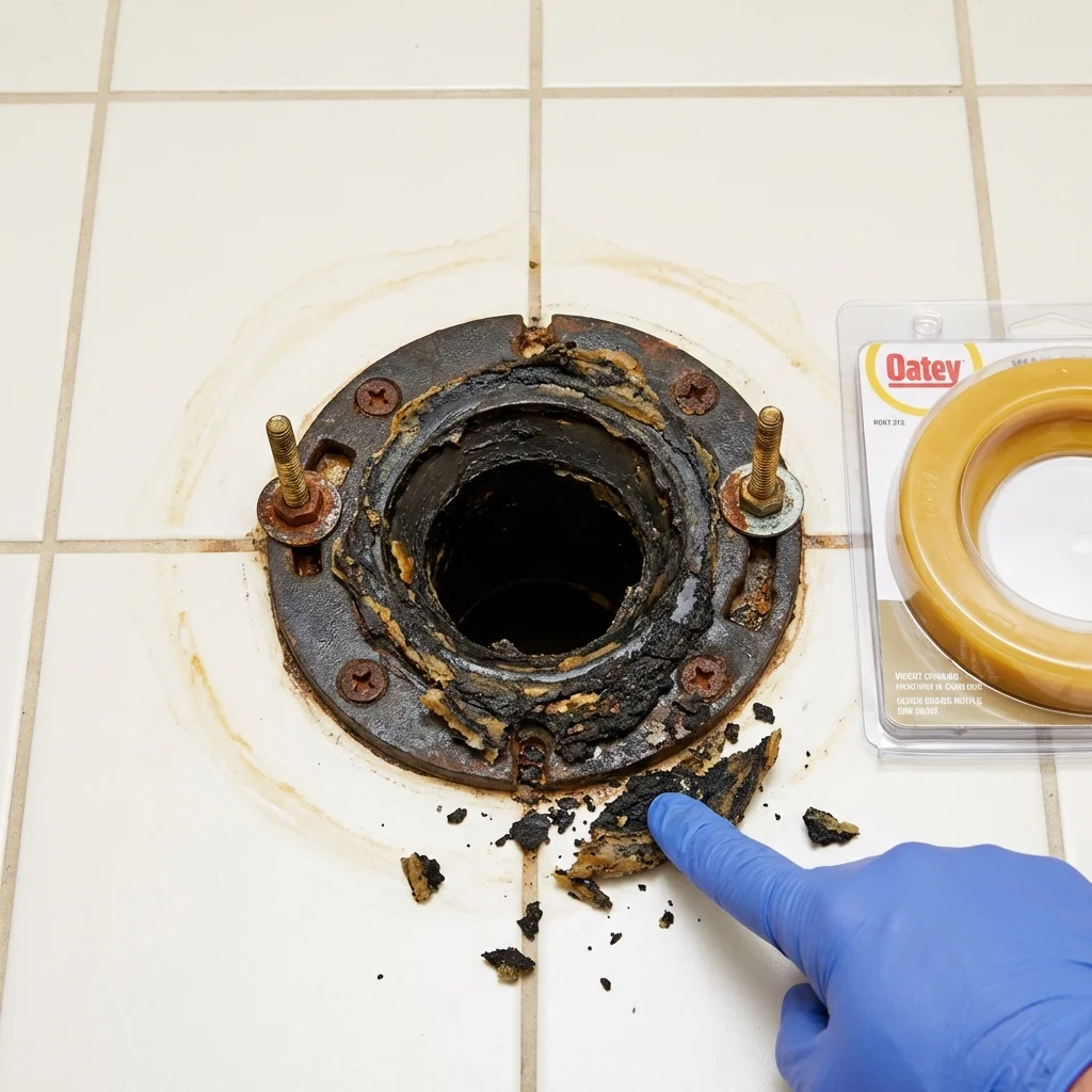 Failed wax ring showing water seepage at the base of a toilet in a Chester, MD home